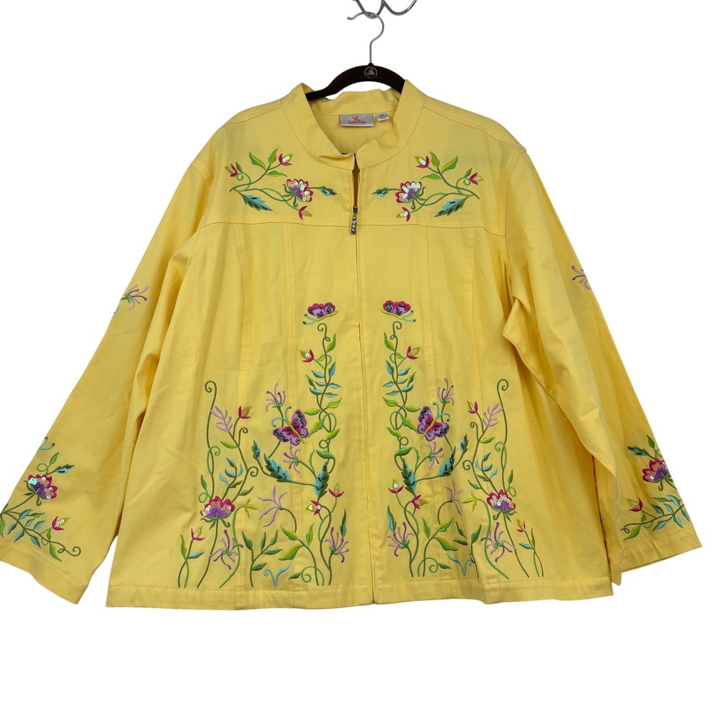 Quacker Factory Embroidered Jacket Size 3X Yellow Floral Butterfly Sequin Zip